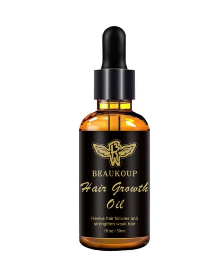 BeauKoup Hair Growth Oil bottle, promoting thicker and fuller hair with all-natural ingredients.